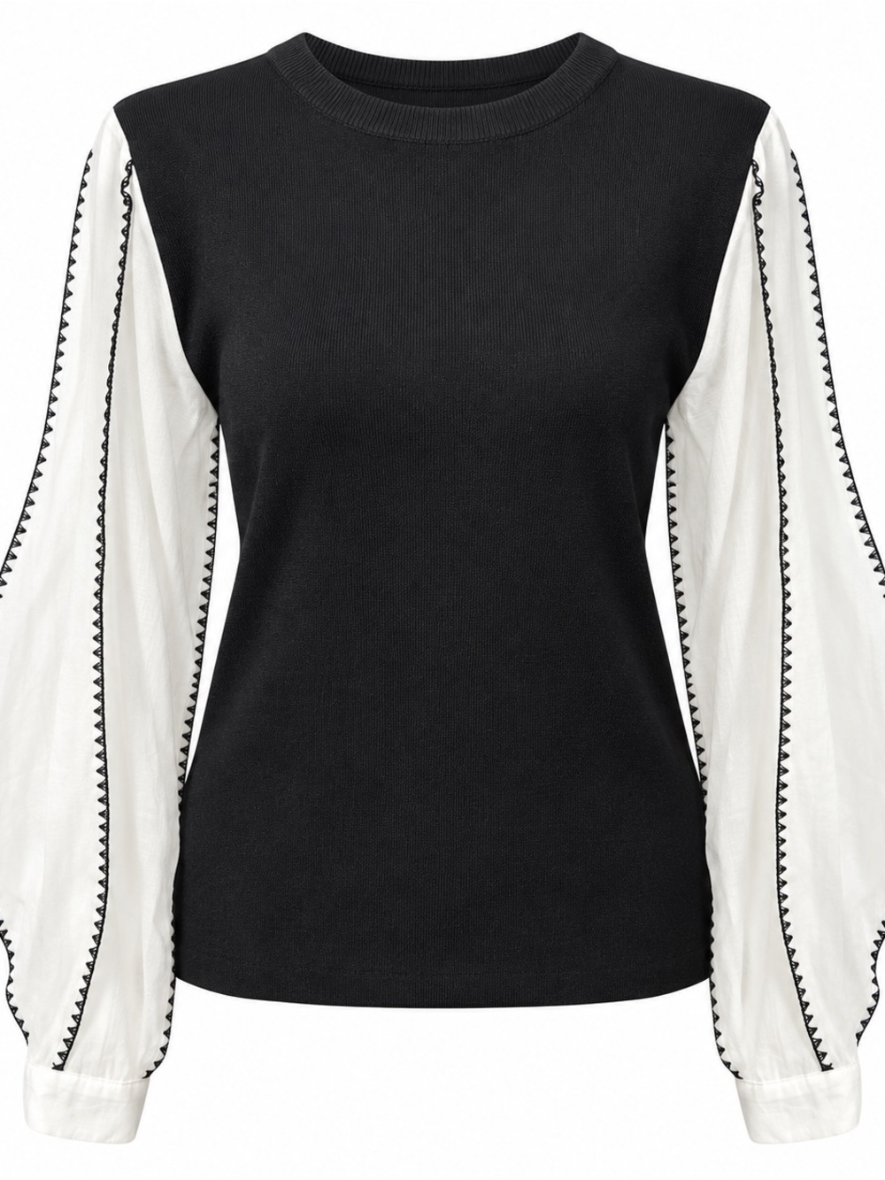 Black Knit Top with White Puff Sleeves